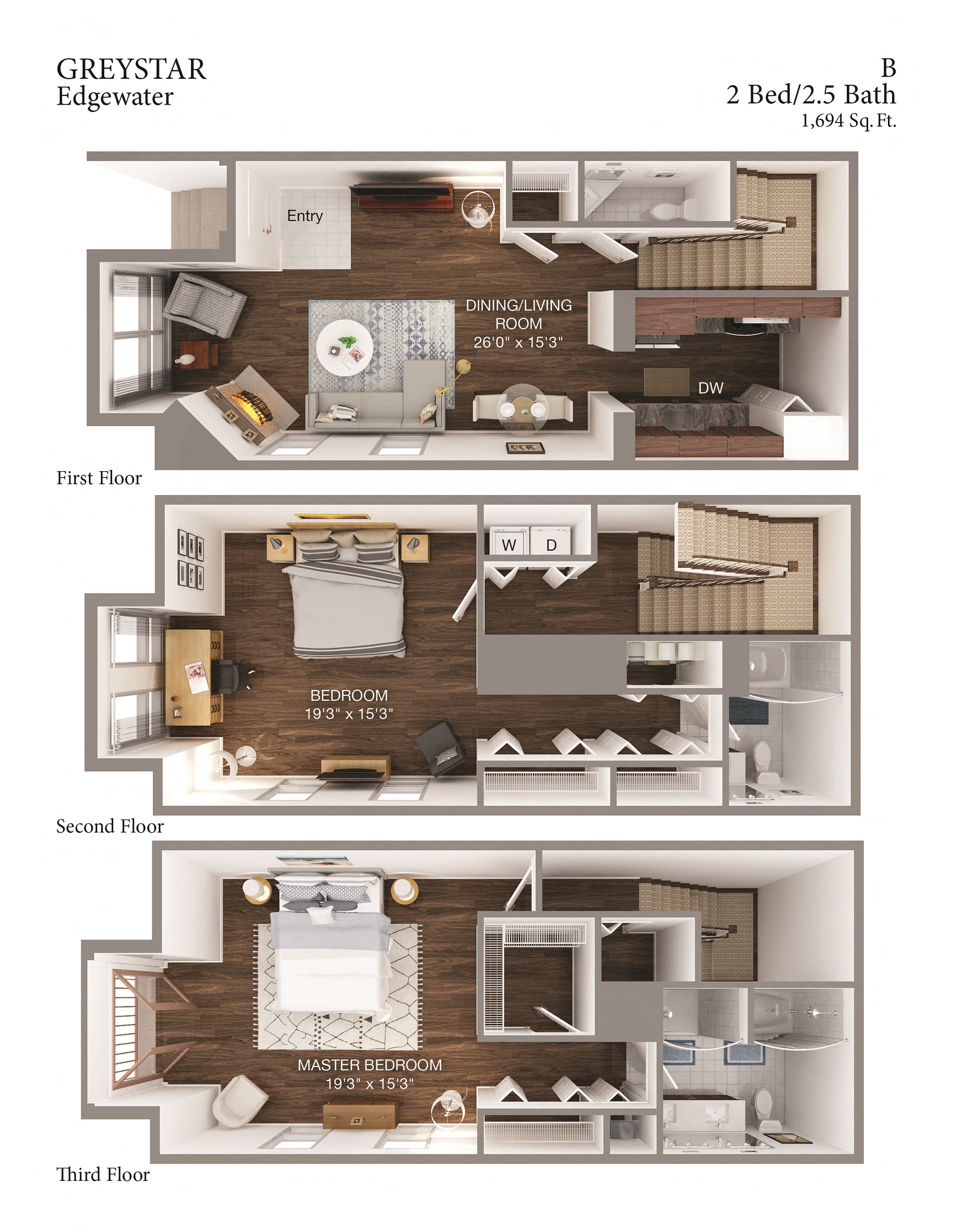 Floor plan for 2 beds, 2.5 baths, 1694 sqft